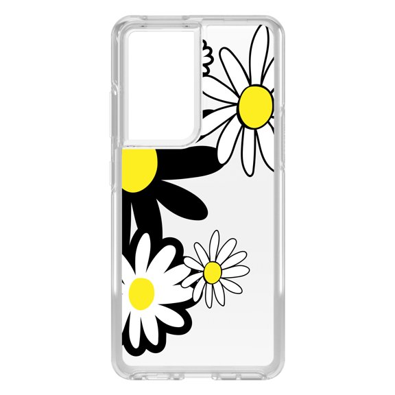DistinctInk Clear Shockproof Hybrid Case for Galaxy S21 ULTRA 5G (6.8" Screen) - TPU Bumper Acrylic Back Tempered Glass Screen Protector - Black & Yellow Modern Daisies
