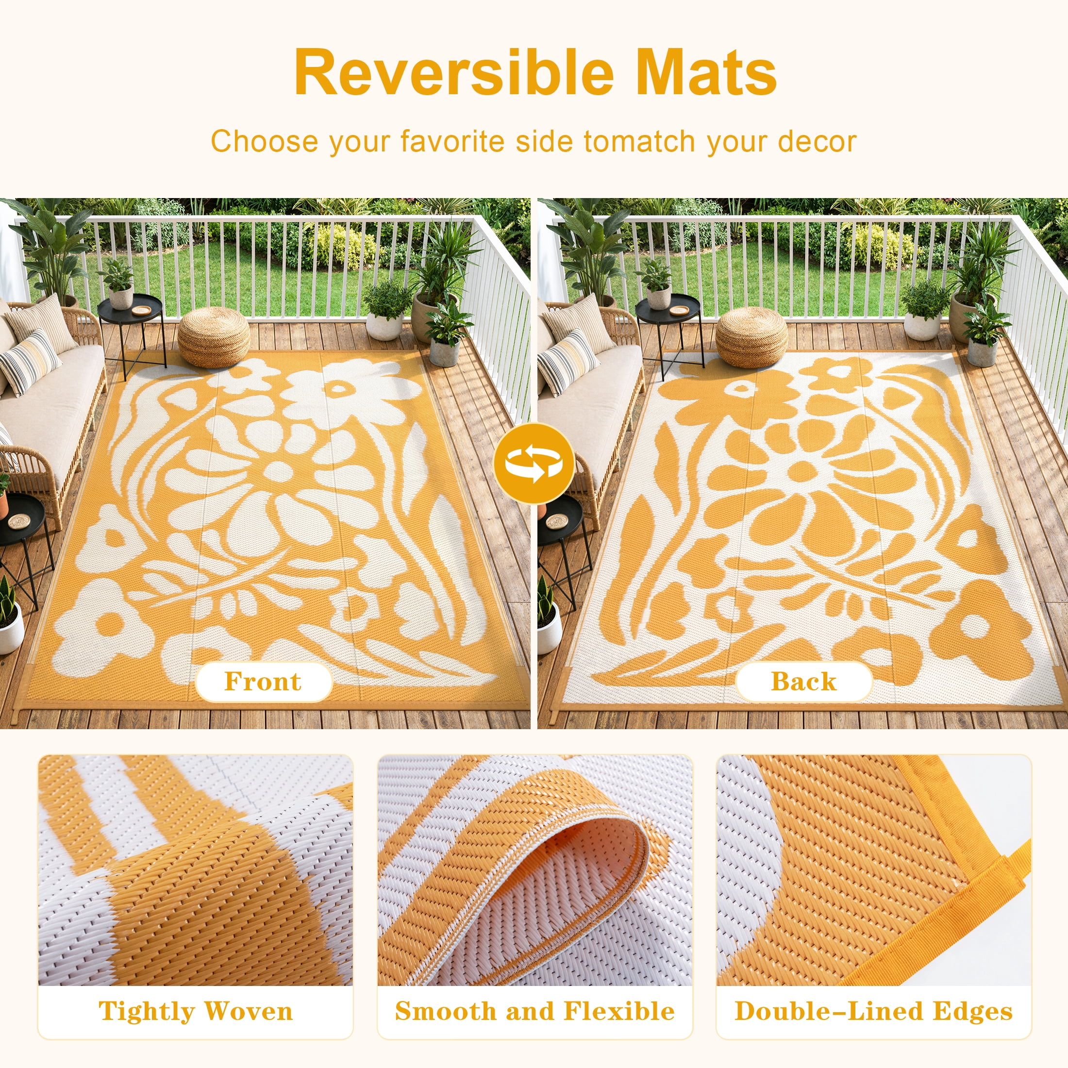 Moynesa 8'x10' Outdoor Rugs Waterproof, Plastic Straw RV Rugs for Outside, Large Portable RV Outdoor Rugs for Camping, Reversible Flower Picnic Mat for Camper Garden Tent