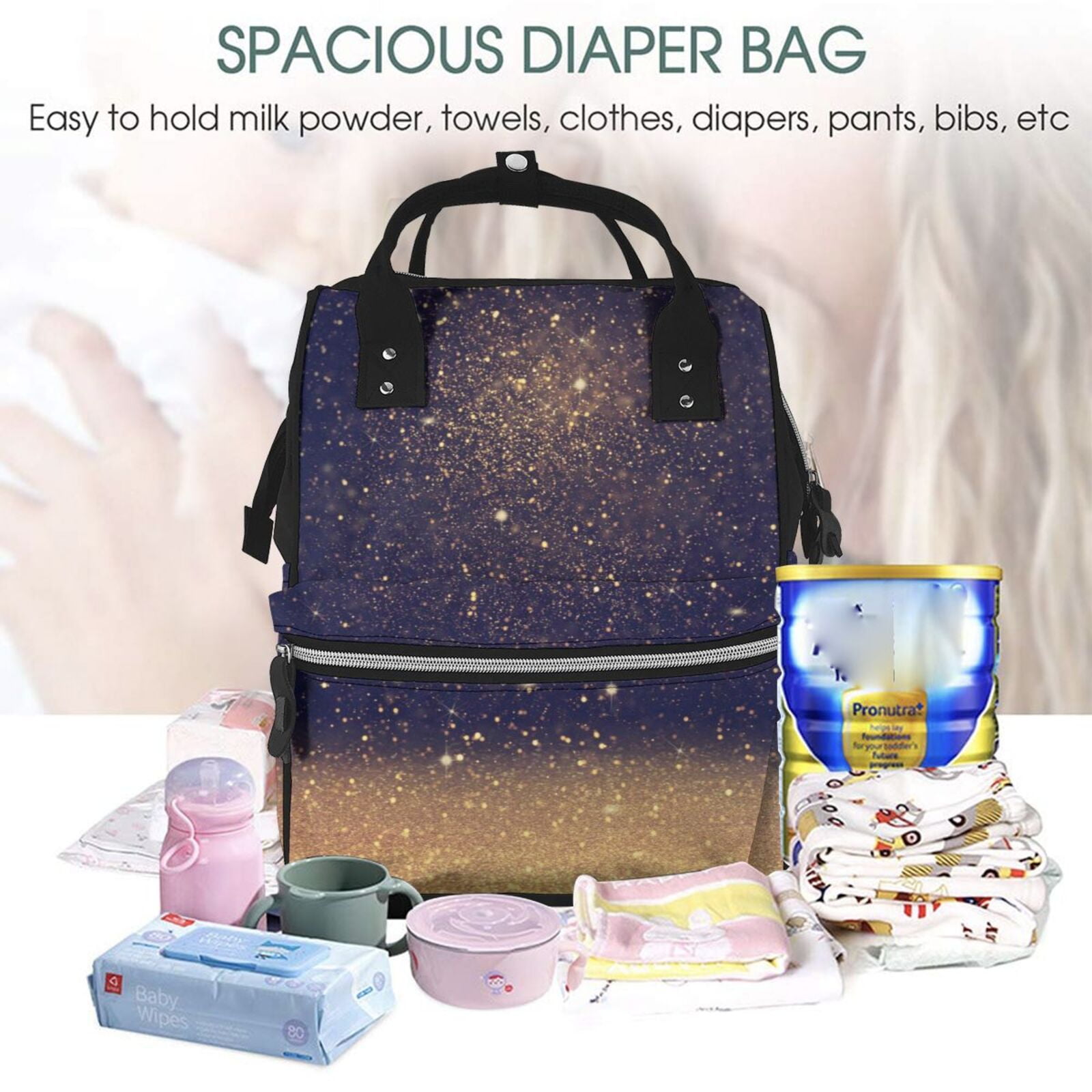 Ratiio Gold Black Glitter Mummy Backpack - Waterproof Twill Canvas, Large Capacity Diaper Bag with Multiple Pockets and Adjustable Straps