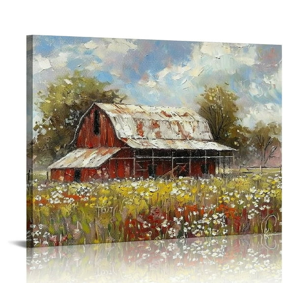 COMIO  Old Barn Canvas Wall Art: Farmhouse Landscape Painting Picture Rustic Farm Scene Artwork Country Rural Print Decor for Bedroom Living Room Kitchen