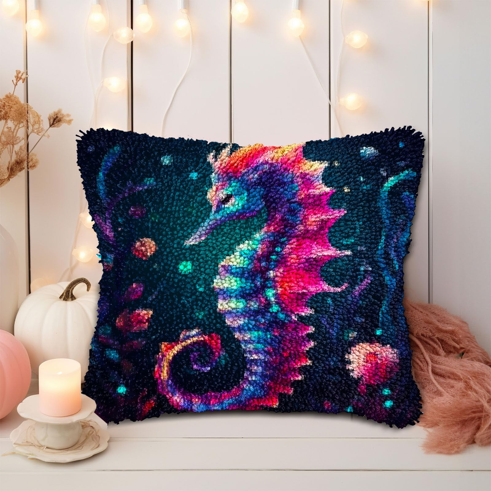 Colorful Seahorse in Sea DIY Latch Hook Pillow Kits for Adults Printed Pillowcase Crochet Yarns Hooking Handmade Pillow Cover Cushion for Home Sofa Decoration 17x17inch