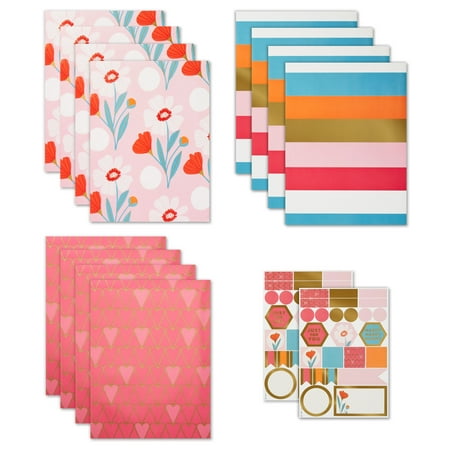 Hallmark Flat Wrapping Paper Sheets with Cutlines on Reverse (12 Folded Sheets with Sticker Seals) Spring Flowers, Stripes, Pink Hearts for Valentine's Day, Easter, Mother's Day, Bridal Showers