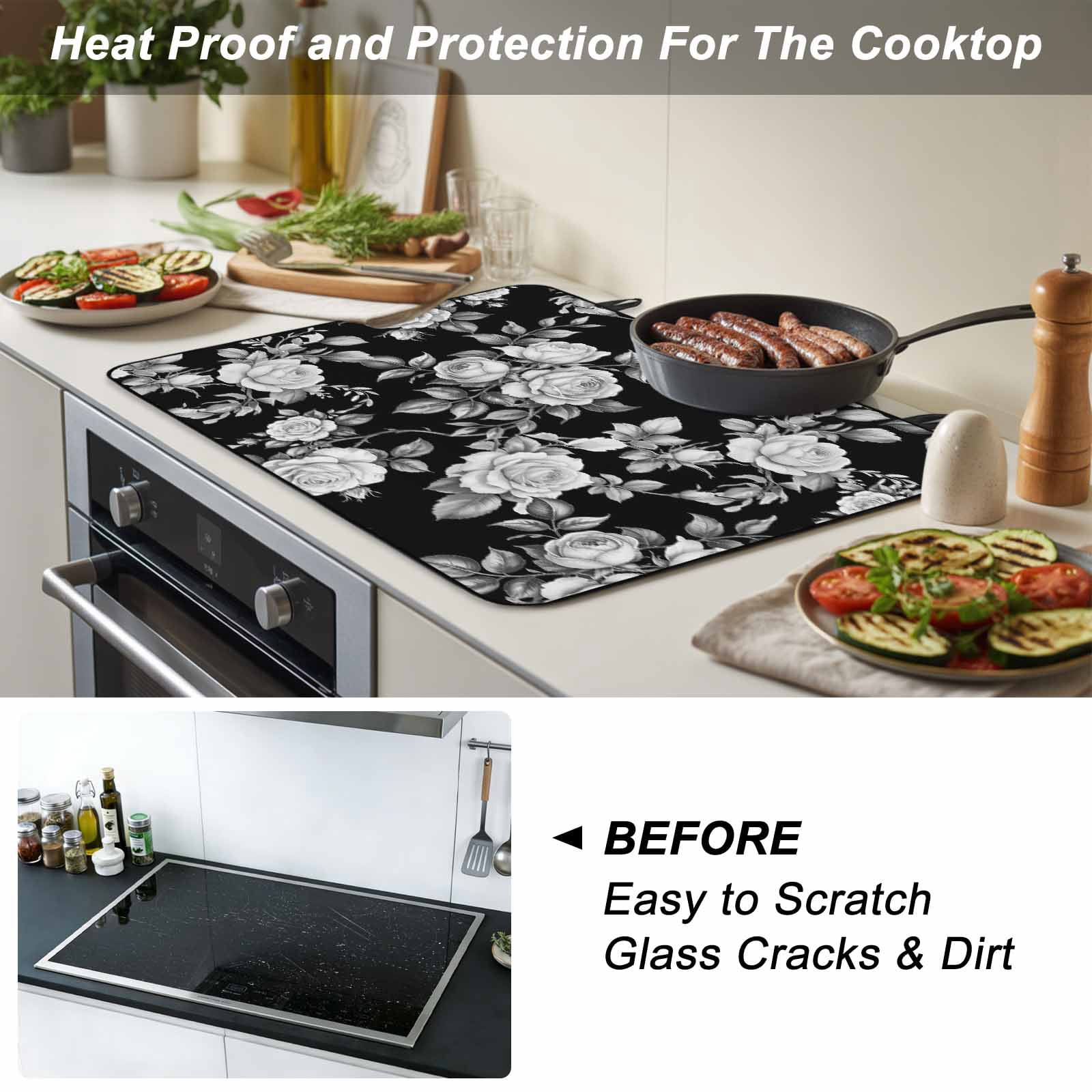 Black Rose Stove Top Cover for Electric Stove, Heat-proof & Non Slip Glass Top Stove Cover Protector, Vintage Pastoral Botanical Floral Leaves Vines Kitchen Flat Cooktop Rubber Mat 31x24 Inches