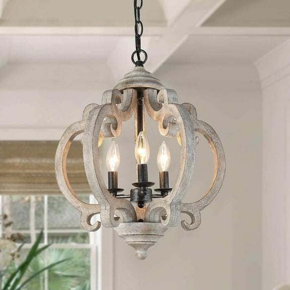 LNC 4-Light Grayish White Wood and Rustic Black Farmhouse Empire Chandelier, Orb Candle
