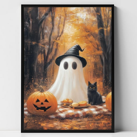 WestConfe Cute Ghost and Black Cat Picnic Halloween Wall Art, Vintage Spooky Pumpkin Fall Decor, Dark Academia Room Print