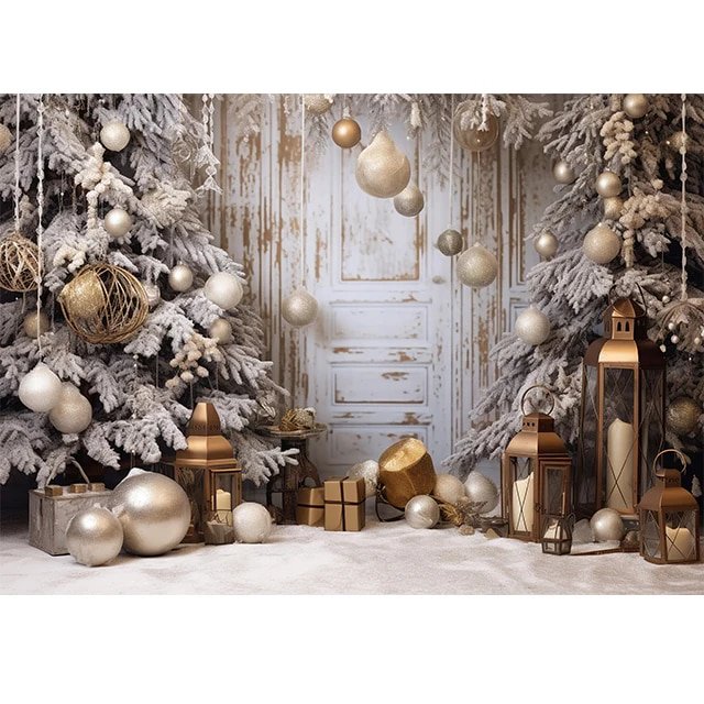 Bonvvie Christmas Photography Backdrop Xmas Fireplace White Christmas Tree Gifts Pine Trees Family Party Studio Photo Background