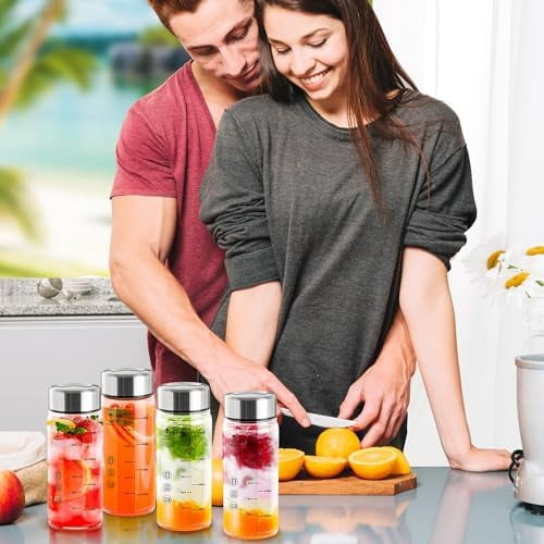 Juice Bottles 4 Pack 16 oz，Reusable Glass Bottles with Lids，Stainless Steel Lids Water Bottle for Juicing, Smoothies, Water, Leakproof, BPA Free