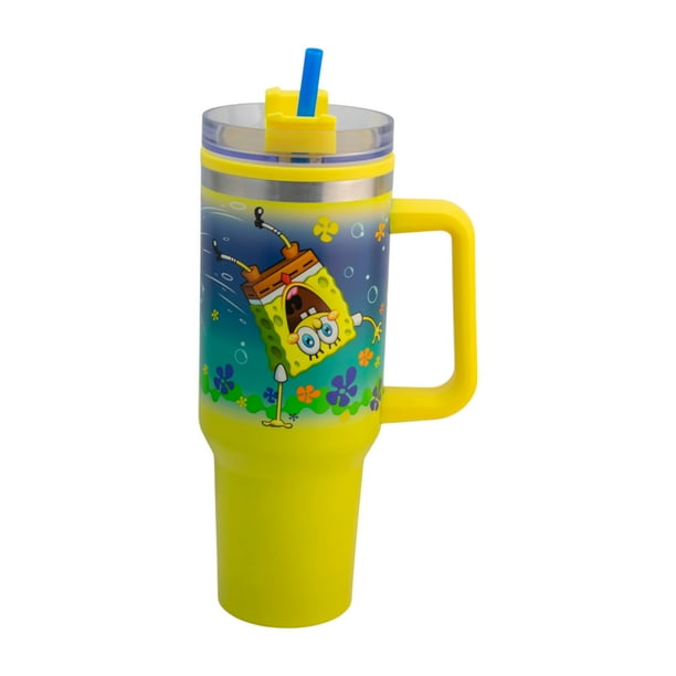 Termo Alto Doble Pared Con Asa Y Popote, Diseño Bob Esponja & Patricio, Termo Color Amarillo, Capacidad 1. 2 L