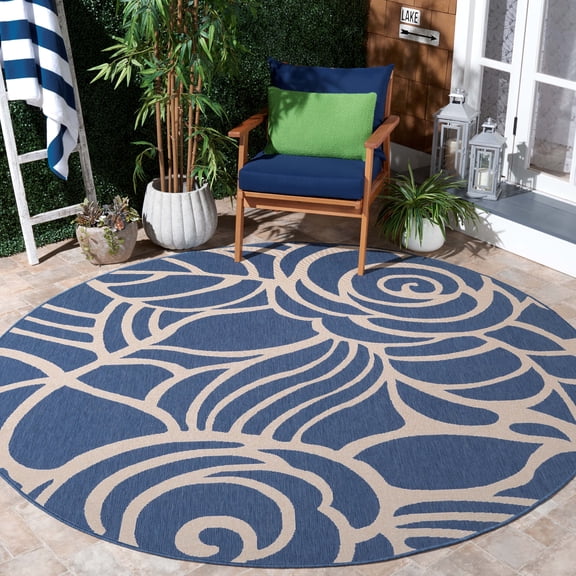 SAFAVIEH Courtyard Chester Floral Indoor/Outdoor Area Rug, 7'10" x 7'10" Round, Blue/Beige