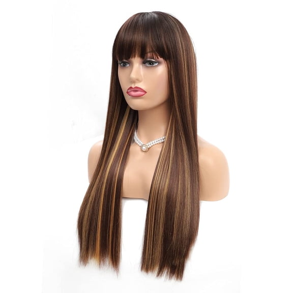 Cece Beauty Hairline Highlight Blonde Wigs for Women Long Straight Wig with Bangs Natural Fashion Silky Soft Remy Hair Heat Resistant Fiber Synthetic Wig Machine Made Glueless Full Wig 24 Inch Regular