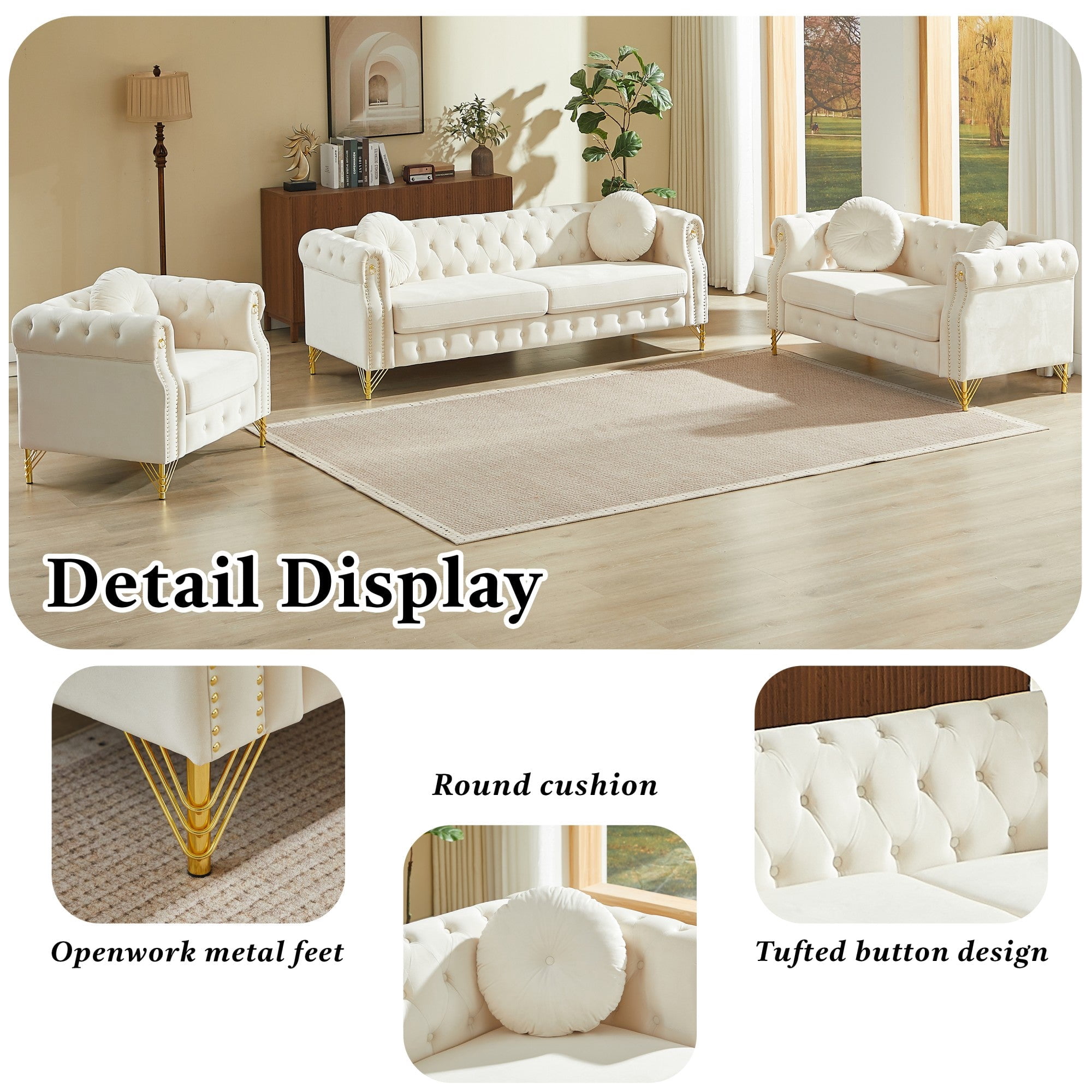 Sailvan 60.5" Velvet Chesterfield Loveseat, 2-Seater Tufted Sofa with Nailhead Trim, Gold Metal Legs & 2 Round Pillows for Living Room Beige