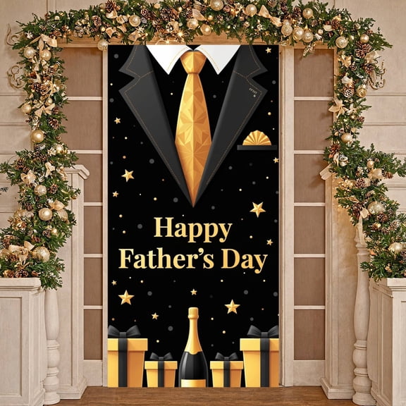 Black & Gold Happy Father's Day Banner Luxury Gentleman Display Suit & Tie Design Backdrop for Father's Day Celebration Family Gathering Home Party