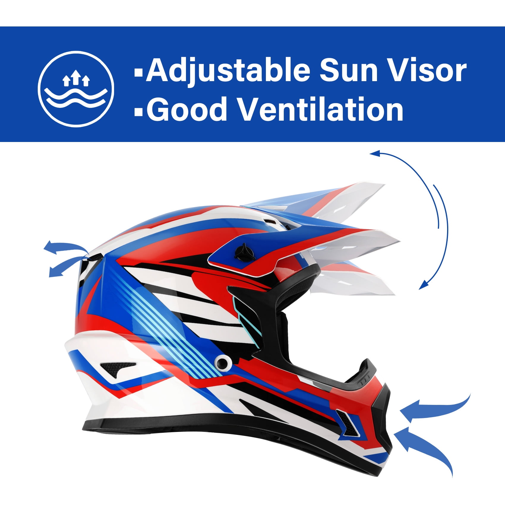 TCMT DOT Dirt Bike Helmet for Kids with Goggles & Gloves, for Motocross Offroad Street Motorcycle, Youth S Size, Blue Red Stripe