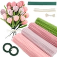 thumbnail image 1 of Juego de 400 limpiapipas, hilo de chenilla, limpiapipas con forma de flor de tulipán - 4 colores - con 2 rollos de cinta floral, 20 tallos de flores, 1 of 4