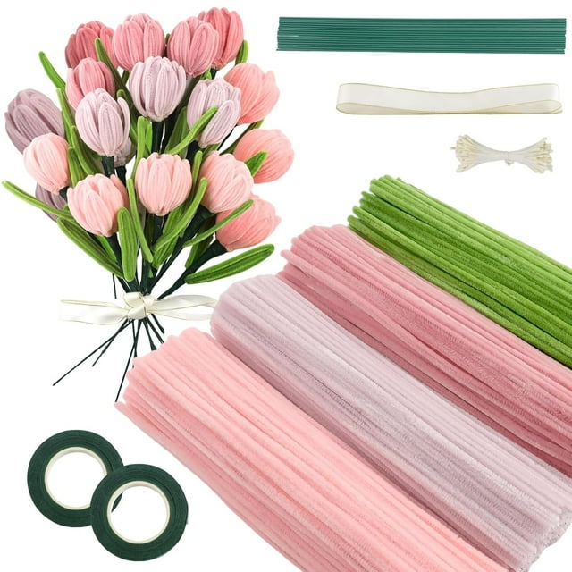 Juego de 400 limpiapipas, hilo de chenilla, limpiapipas con forma de flor de tulipán - 4 colores - con 2 rollos de cinta floral, 20 tallos de flores