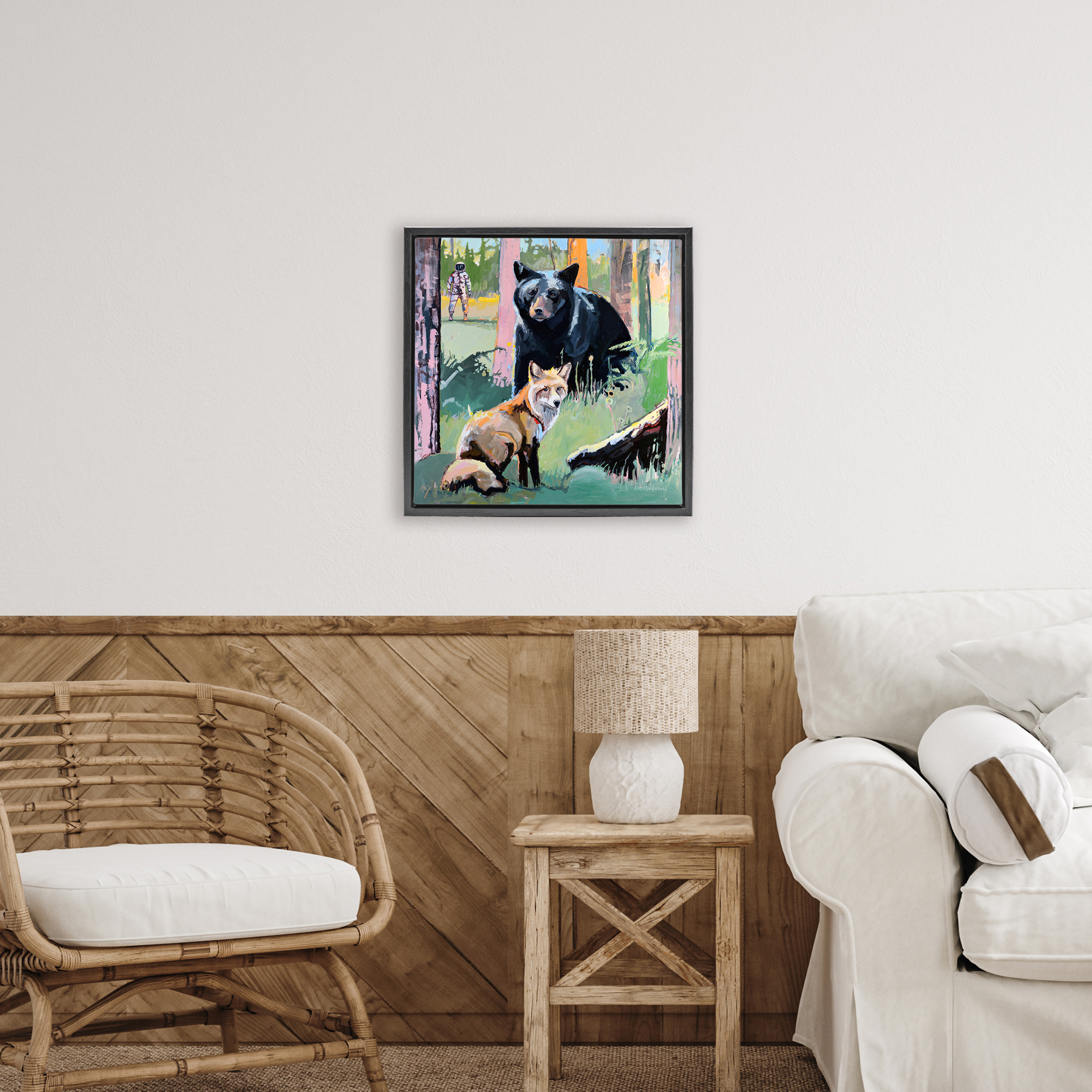 Forest Animals in Deep Space Black Framed Floater Canvas Wall Art, design by Adam Swanson