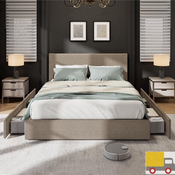 Platform Bed Frame with Tall Tufted Headboard, 4 Storage Drawers, Corduroy Velvet Upholstered Bed, Wooden Slats Support, No Box Spring Needed, Modern Bedroom Furniture, Queen, Brown
