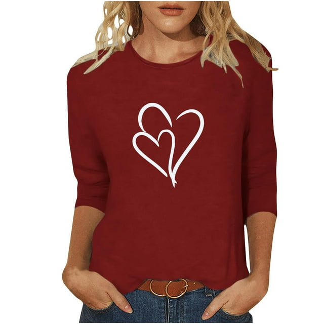 Plebaso Hauts Cœur pour Femmes Manches 3/4 Col Rond T-Shirts Décontractés Imprimé Chandail Femmes 2025 Tee Blouses