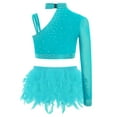 thumbnail image 2 of Haitryli Kids Girls Rhinestone Modern Lyrical Hip Hop Latin Jazz Ballet Dance Crop Tops with Feather Skirt Briefs Set Blue Green 14, 2 of 3