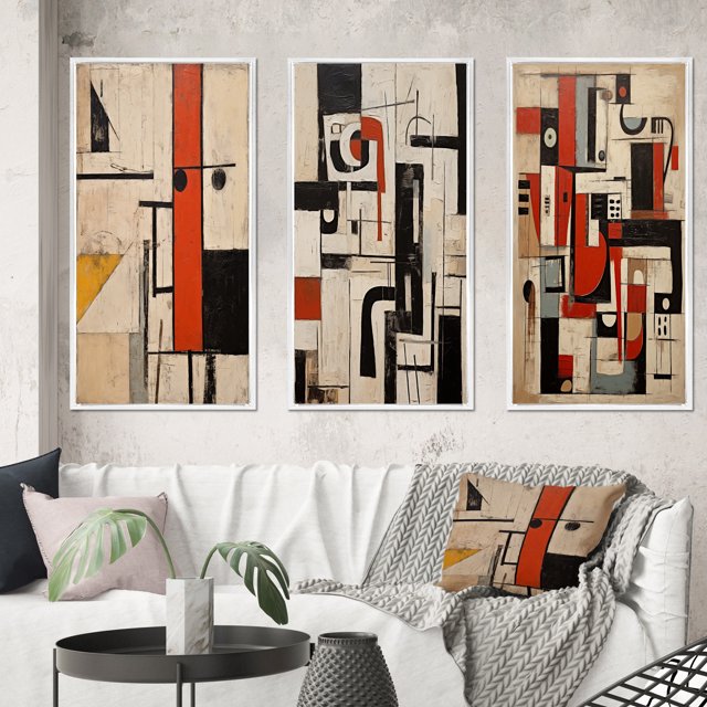 Designart "Urban Groove Garden Abstract Geometrics VIII" Modern Geometric Framed Wall Art Set Of 3 - Orange Abstract Frame Gallery Set For Office Decor