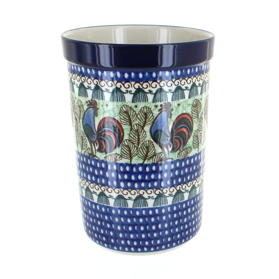 Blue Rose Polish Pottery Rooster Row Utensil Jar