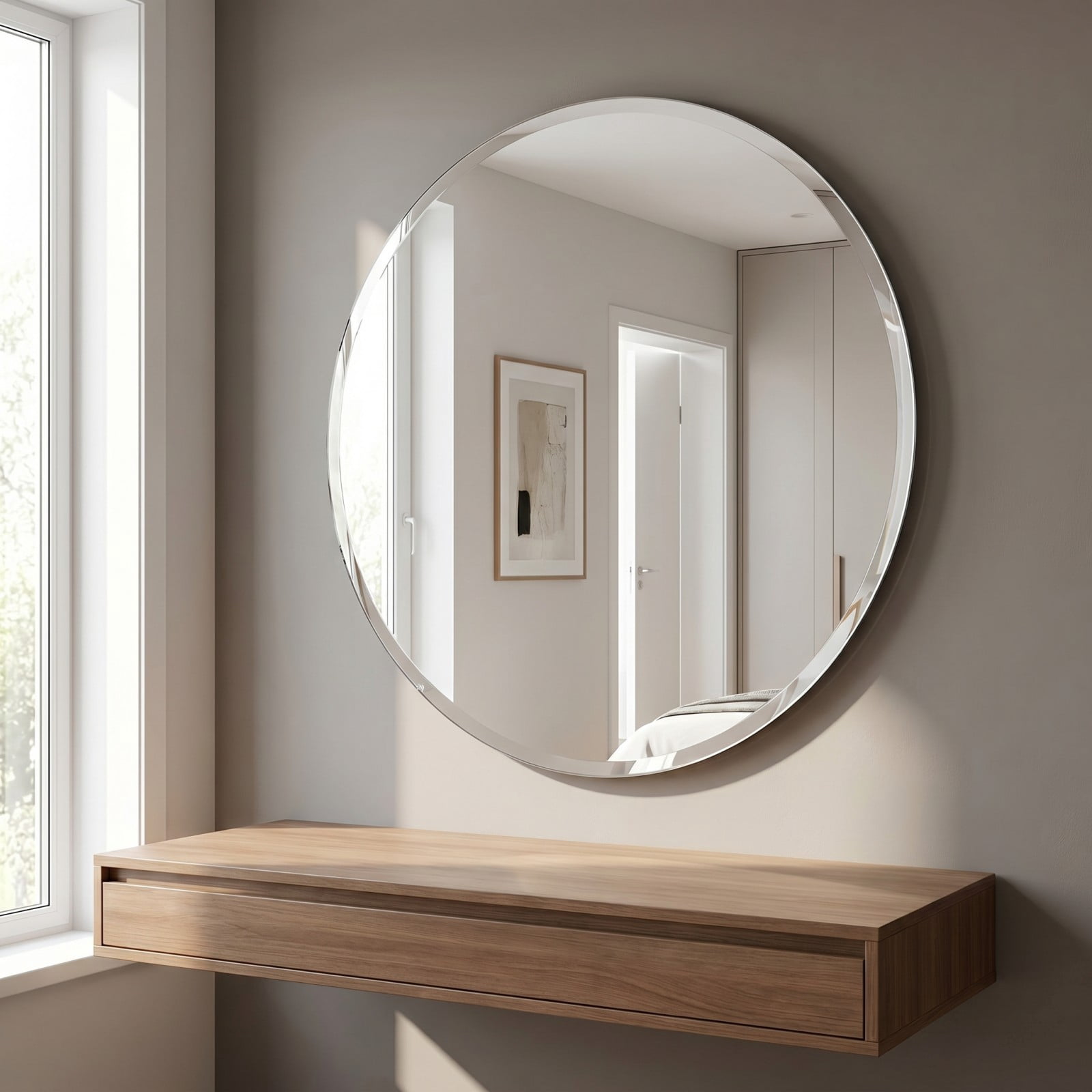 Gleamira 24" Frameless Bathroom Mirror Round Beveled Edges Wall Mirror Decorative Vanity Mirror for Bathroom