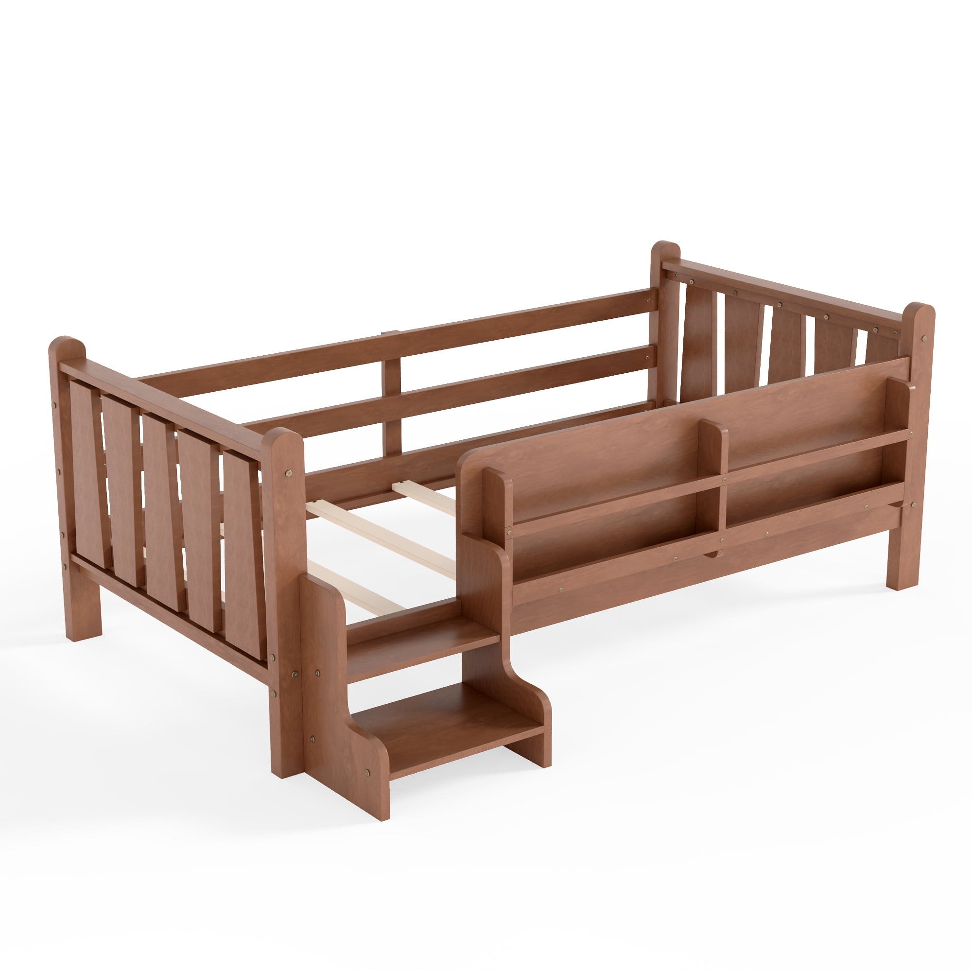 Miniyam Twin Size Kids Floor Bed with Guardrails and Bookshelves, Pine Wood & MDF Frame, Easy Access Step Ladder, Walnut