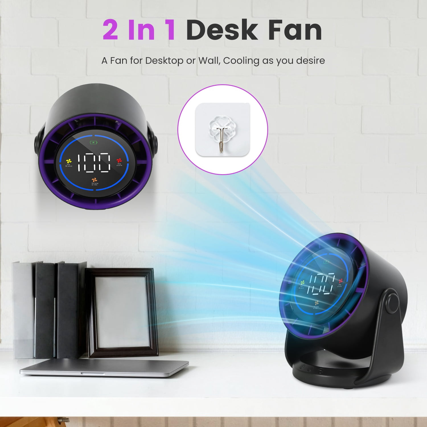 Portable USB Table Fan 100 Speed Settings Real-Time LCD Display Battery Indicator, 120 Degree Adjustable Tilt Desktop Wall Mount 4000mAh Wireless Cooling Fan