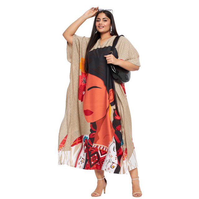 Oussum Beige Tribal Grande Taille Polyester Longues Robes Caftans pour Femmes