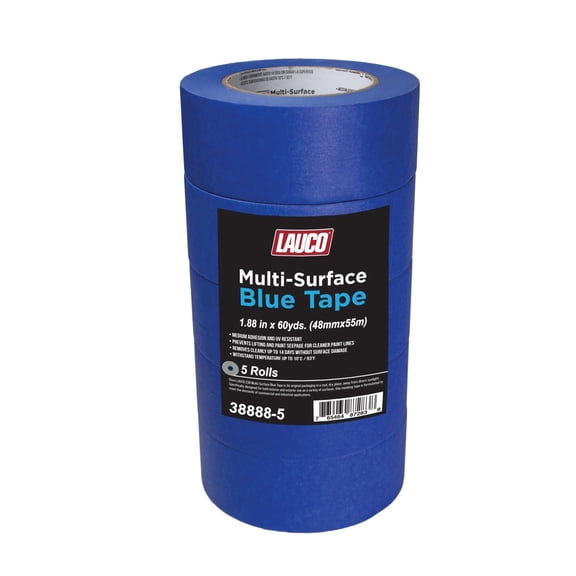 LAUCO Multi-Surface Blue Painter’s Masking Tape, 5 Rolls, Medium Adhesion, UV-Resistant, Clean Removal, 1.88 in x 60 yds (48mm x 55m) Rolls, Ideal for Indoor & Outdoor Painting, Trim, Walls