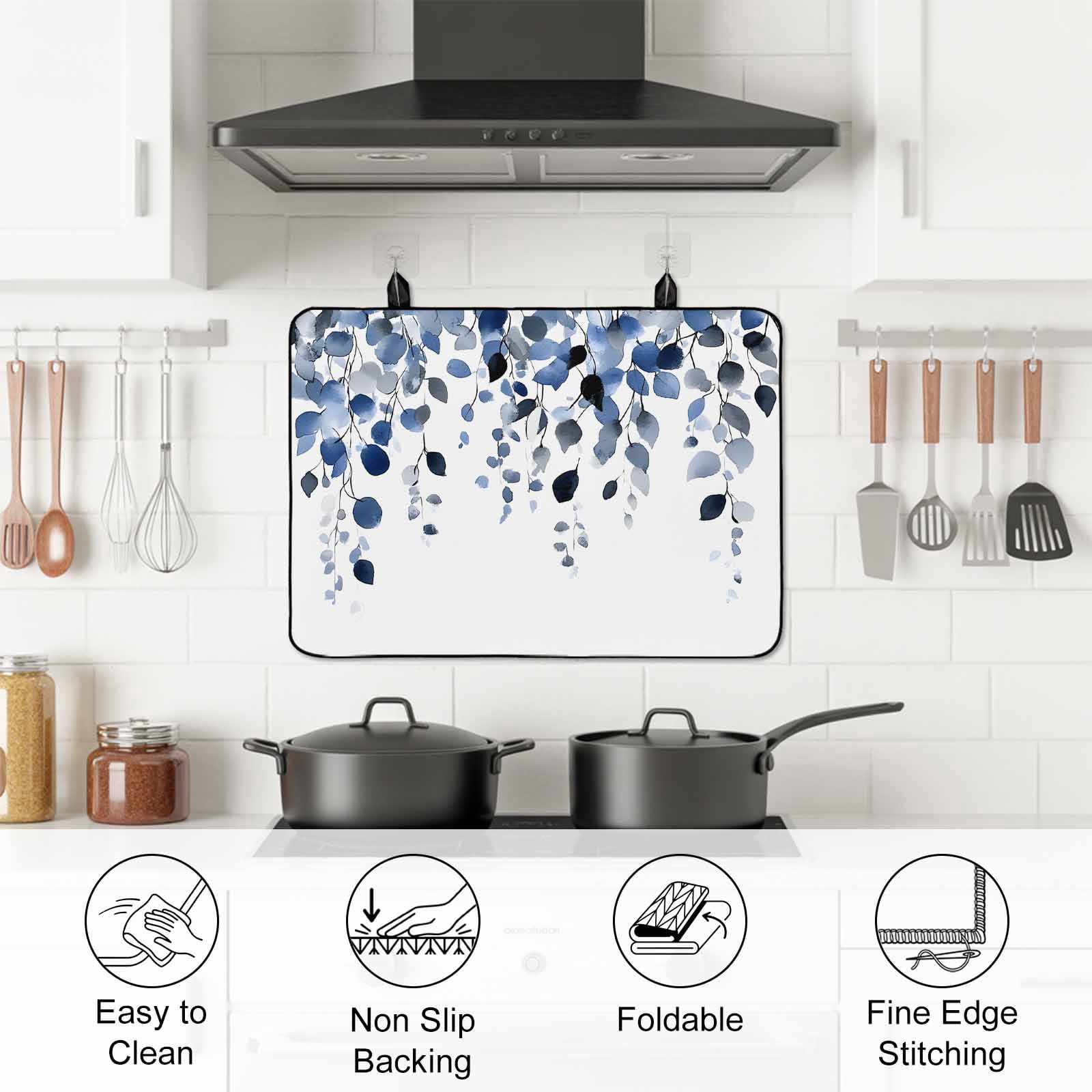Blue Eucalyptus Leaves Stove Top Cover for Electric Stove, Heat-proof & Non Slip Glass Top Stove Cover Protector, Summer Botanical Watercolor Kitchen Flat Cooktop Rubber Mat 24x21 Inches