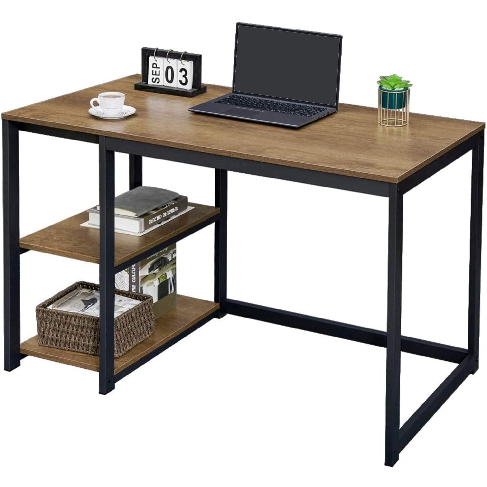 Strong Solid Wood Legs 47 Home Office Desk Writing Trestle Desk Modern Simple Workstation GreenForest Computer Desk with Shelves White