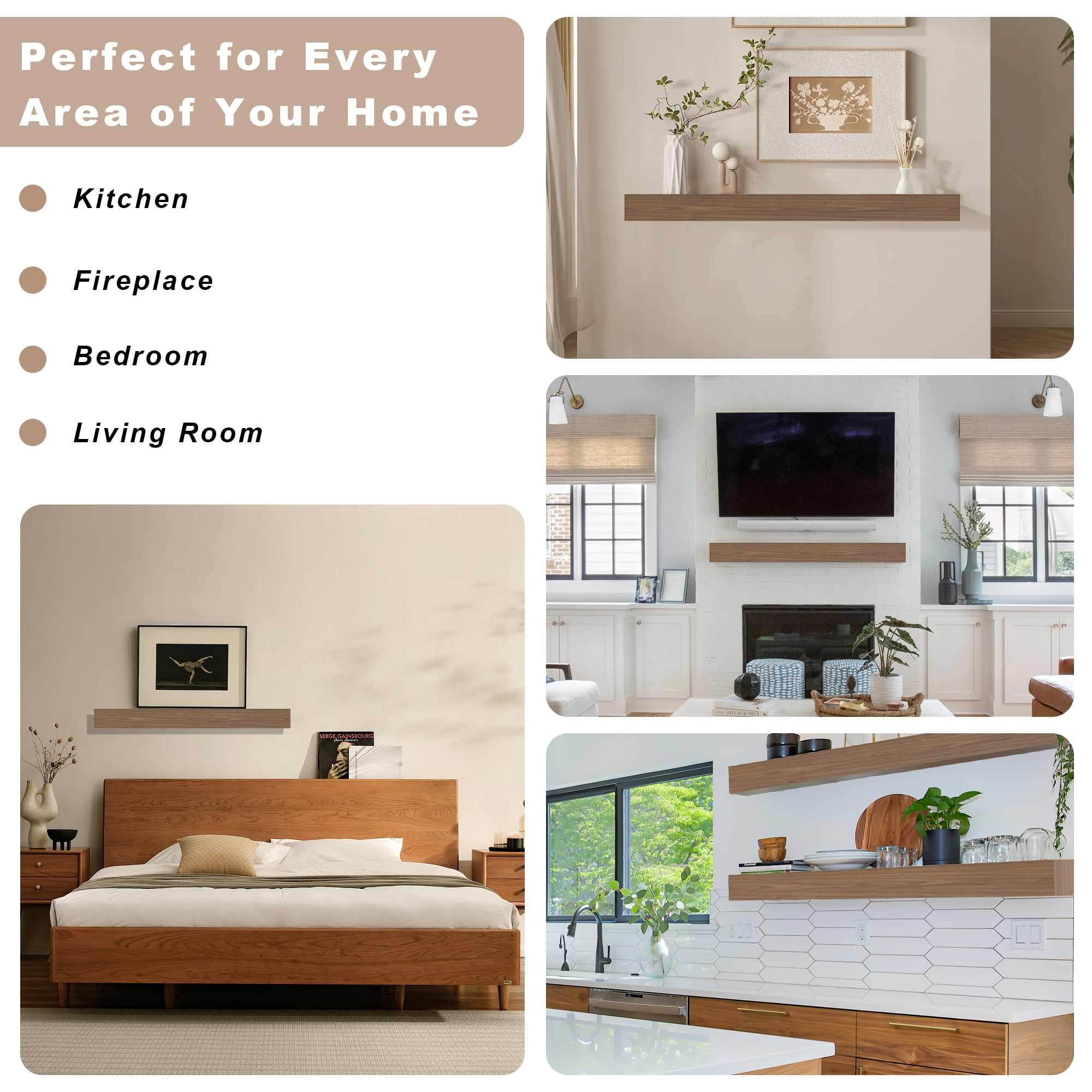 80 Inch Fireplace Mantel, Pine Wood Wall-Hanging Floating Shelf, Natural Wood Display Shelf, Wall Art and Home Decor, Easy to Install, Strong and Durable, for Living Room, Bedroom, Kitchen, Walnut