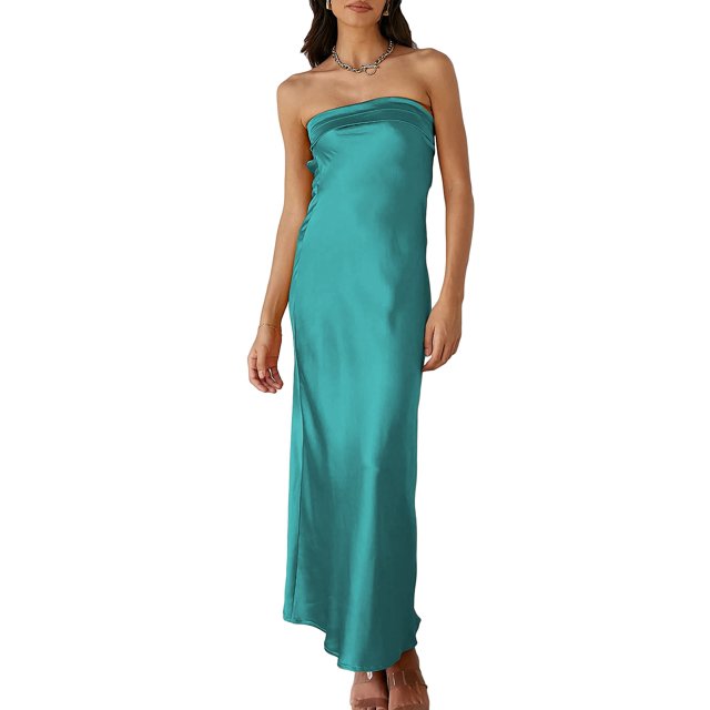 Vestido largo Realtix de seda satinada sin espalda para mujer, color aguamarina