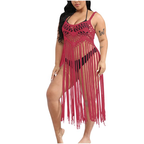 Danhjin Tassel Swimsuit Coverups for Women Casual Tank Dress Hollow out Beachwear Lightweitght Summer Bikinis Beach Sun Bathing Swiming Vacation Sleeveless Crochet Cover up