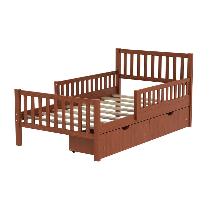 Mirightone Twin Bed Frame , Wood Twin Size Bed with Storage Drawers, Twin Storage Bed with Guardrails on Both Sides.( Walnut)