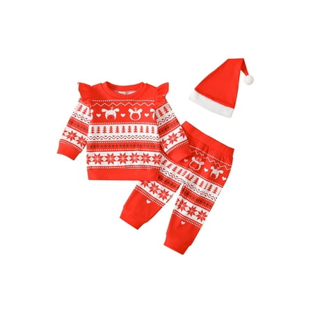 

FOCUSNORM 3Pcs Newborn Baby Girls Christmas Clothes Snowflake Tree Print Fly Sleeve Sweatshirt Tops Pants Hat Set