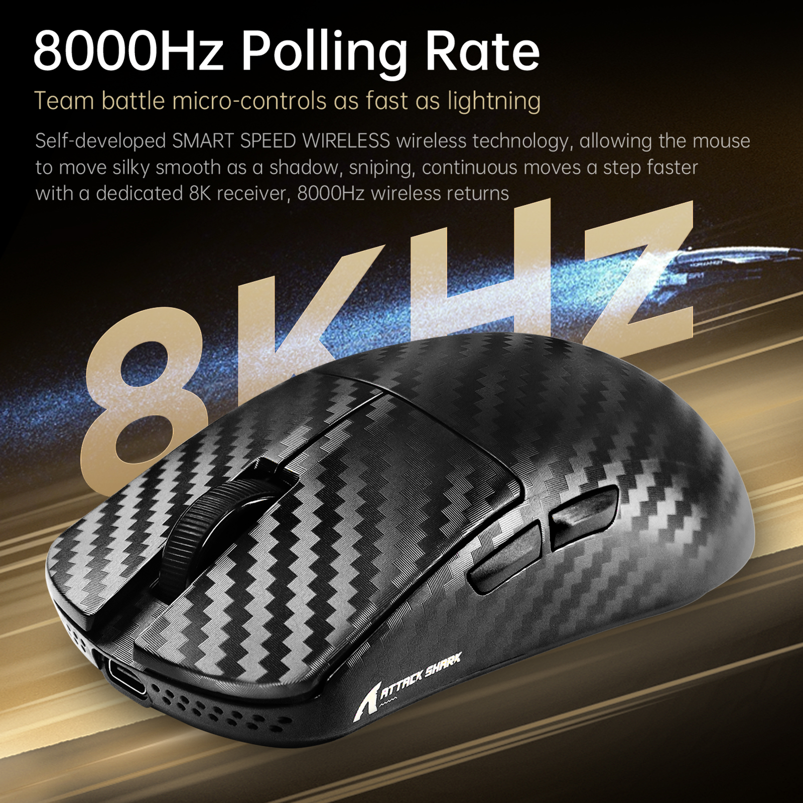 ATTACK SHARK R11 ULTRA Carbon Fiber Wireless 8K PAW3950MAX Gaming Mouse with C06 Ultra LED Cable