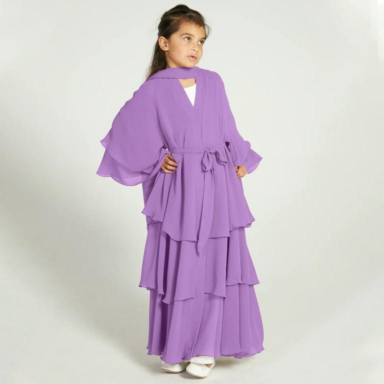 purple muslimah dress Ibtom Castle Kids Girls Muslim Abaya Dress Long Sleeve Chiffon Islamic Kaftan Robe Open Front Cardigan Prayer Dress with Hijab 5-6 Years Purple,