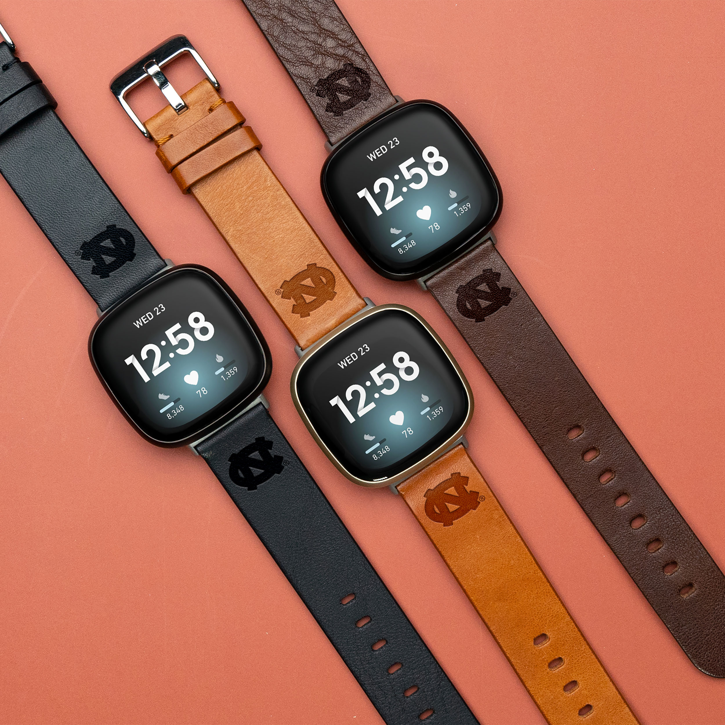 North Carolina Premium Leather Unisex Watch Band for FitBit Versa 3 and Sense (Short Black) by Affinity Bands