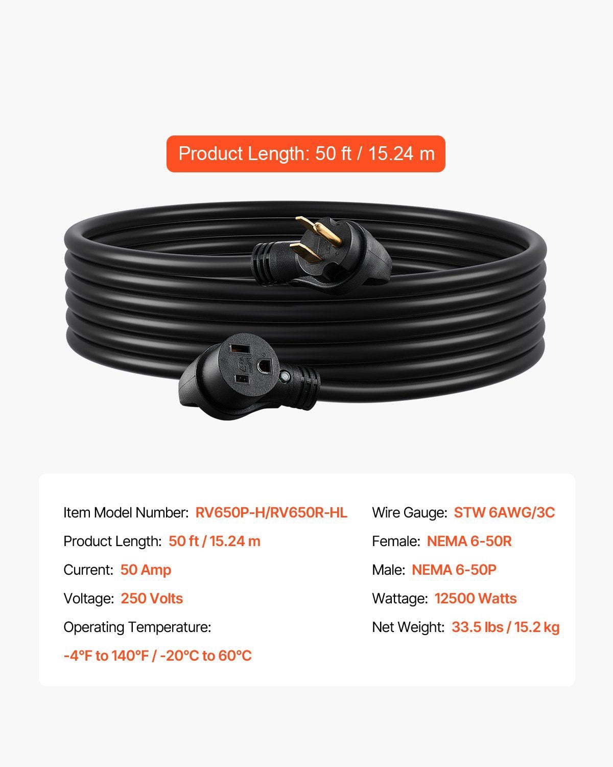 50A Generator Extension Cord 50FT 250V Heavy Duty 6AWG Pure Copper Power Cable NEMA 6-50P to 6-50R 12500W ETL Certified Outdoor Indoor Use with Light Indicator Handle Storage Bag