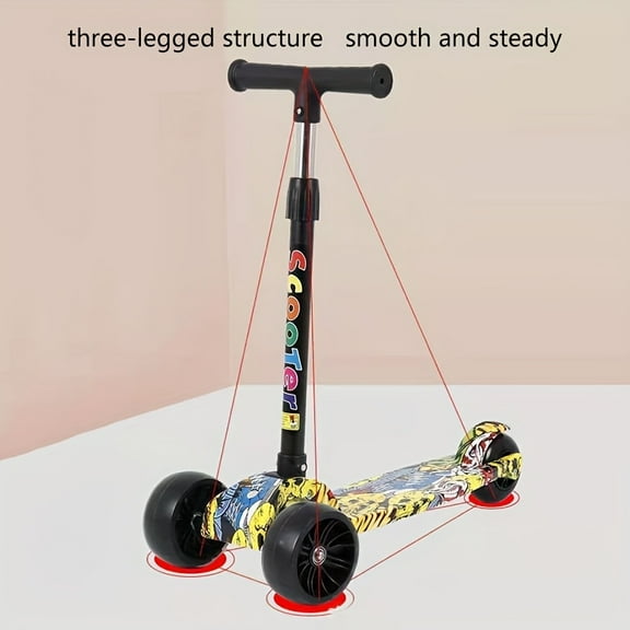 Suitable for children, foldable scooter with graffiti body and non-slip deck, three-wheel kids' push car