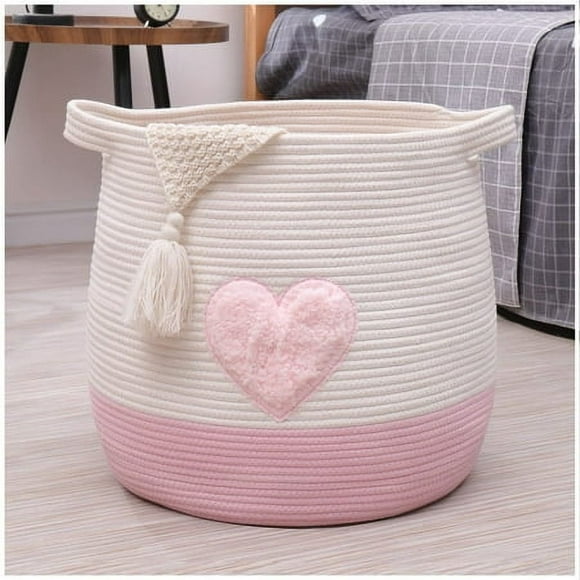childishness ndup Grand Panier en Corde de Coton, Panier de Rangement Tressé pour Jouets, Panier Organisateur pour Lessive et Couvertures, Panier Rond avec Poignées pour Chambre d'Enfant 177x169 (Cœur Rose)