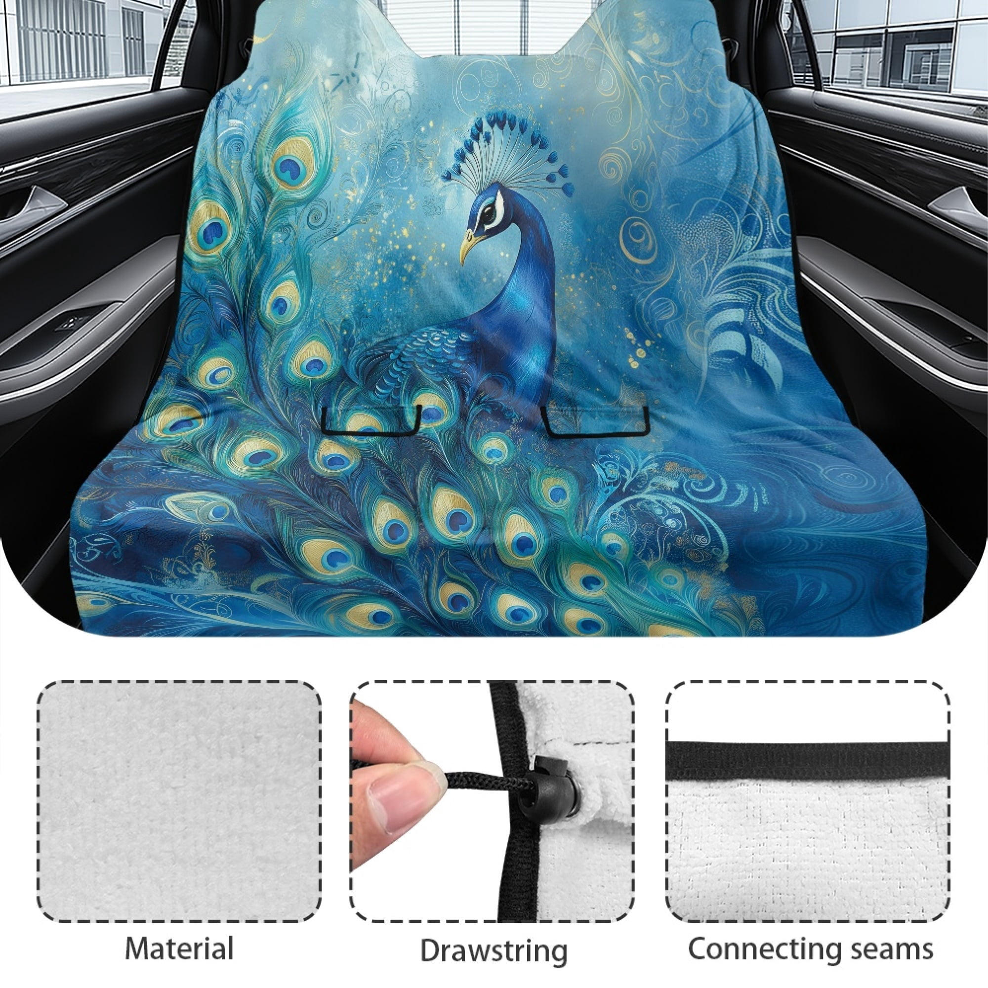 Drydeepin Blue Peacock Car Seat Cover Towel Backseat Breathable Rear Bench Towel Seat Covers Non-Slip Universal Fit for Sedan Trucks Van SUV, Automotive Seat Protector
