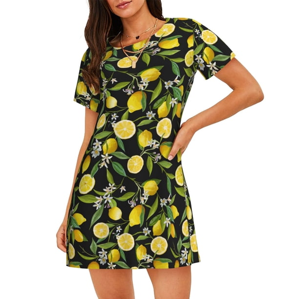 Disketp Lemon Fruits Flowers Leaves para Camisón Corto de Manga Corta para Mujeres, Camisón Cómodo con Escote Redondo, Bonito y Confortable