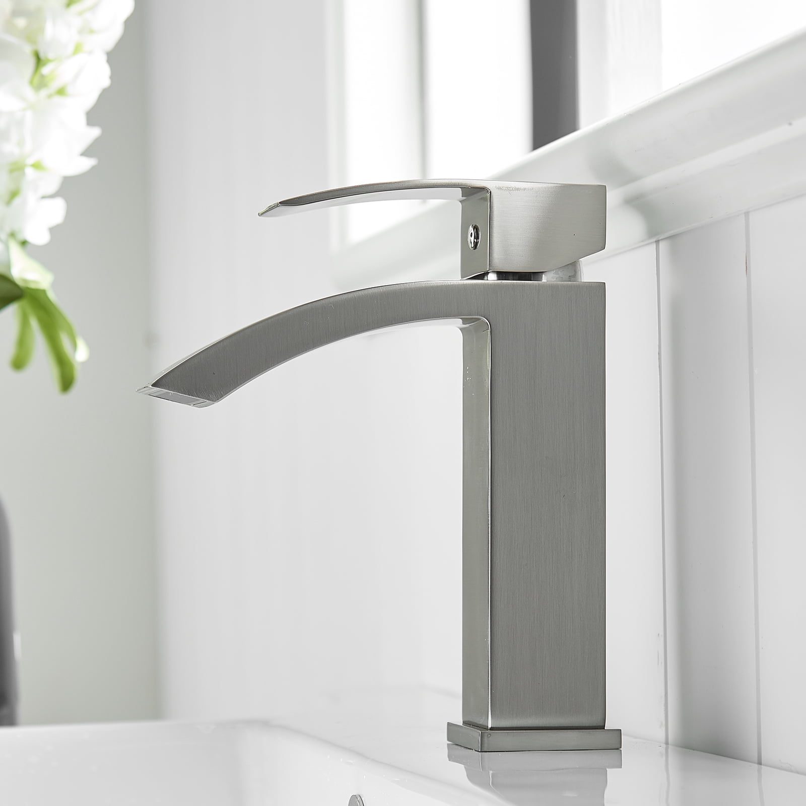 ANGELES HOME Waterfall Bathroom Sink Faucet Vessel Sink Faucet, Single Handle Bathroom Faucet 1 Hole Bowl Lavatory Vanity Faucet, Brushed Nickel