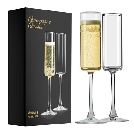 Baalaka Champagne Flutes, Champagne Glasses Set of 2, Elegant 6oz Glass Champagne Flutes, Gift for Birthday, Wedding, Christmas, Clear Sparkling Champagne Glasses for Women, Men