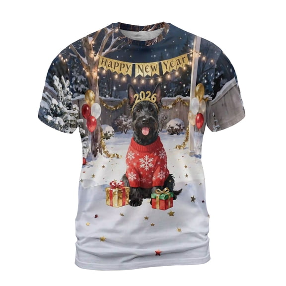 Happy New Year 2026 Scottish Terrier Holiday Balloons Party Snow All Over Print 3D Shirt Unisex Merch Scottie Dog Lover Gifts - 13018