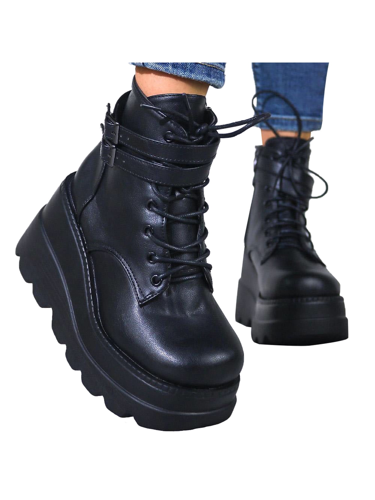 Women Leather Round Toe Platform Shoes Elastic High Wedge Heel Ankle Boots Punk