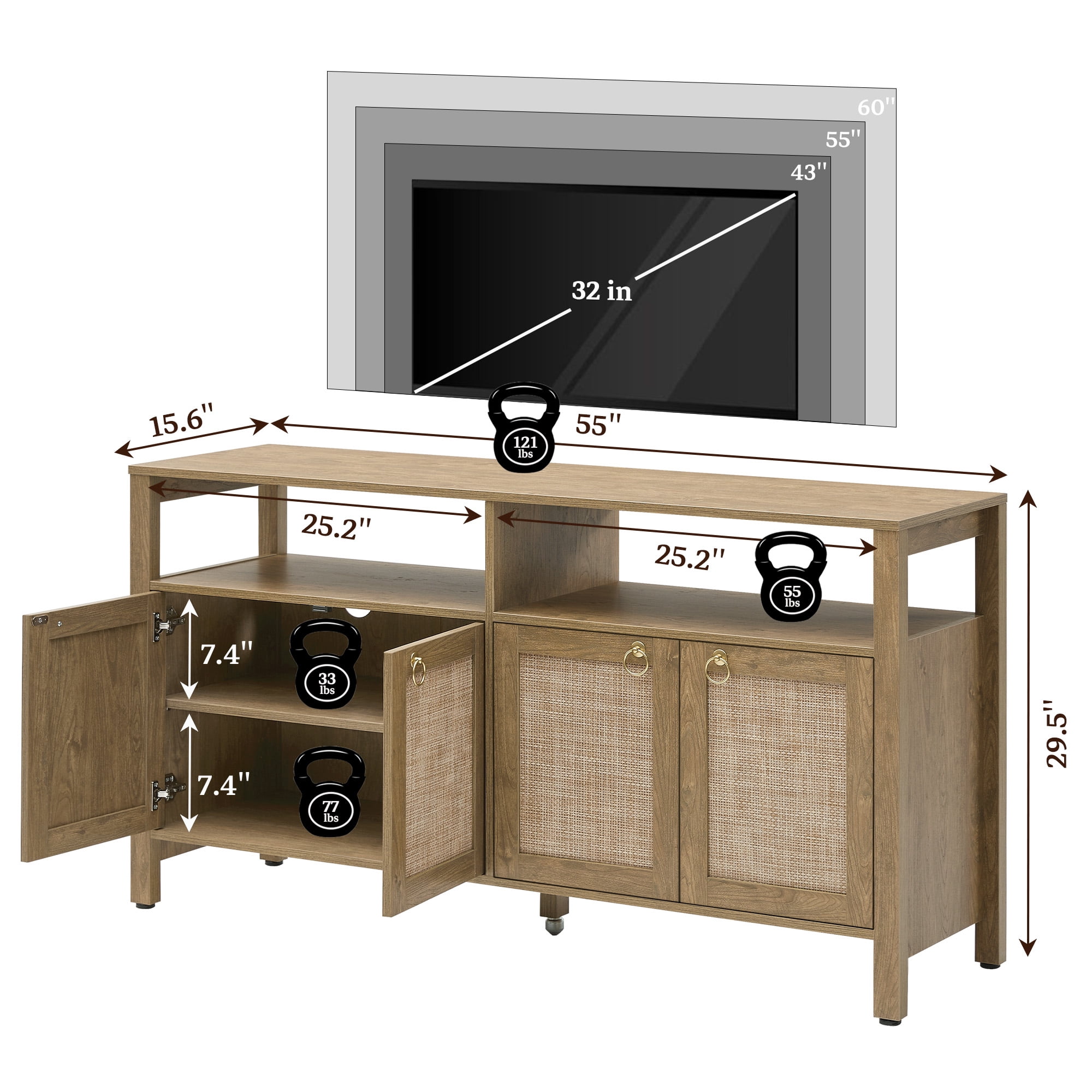 SICOTAS Boho TV Stand for TVs up to 65", Rattan 29.5" Tall Entertainment Center with Storage Cabinets & Adjustable Shelves , TV Console Table Set of 2 for Living Room, Oak